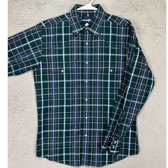 Wrangler Pearl Snap Western Shirt Mens Medium Green Blue Plaid Button Up Cowboy